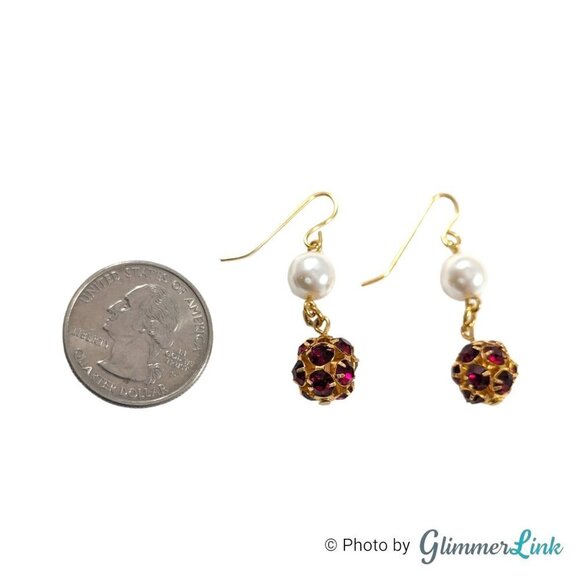 Vintage Tiered Red Rhinestone Ball Faux Pearl Gold Tone Dangle Earrings - Picture 6 of 9